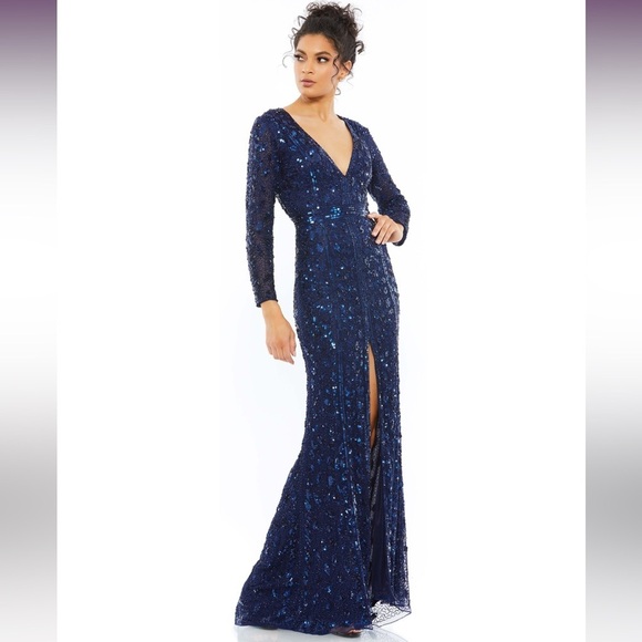 Mac Duggal 5002 Embellished Front Slit Long Sleeve Gown Midnight Blue sz 4 - Picture 1 of 10